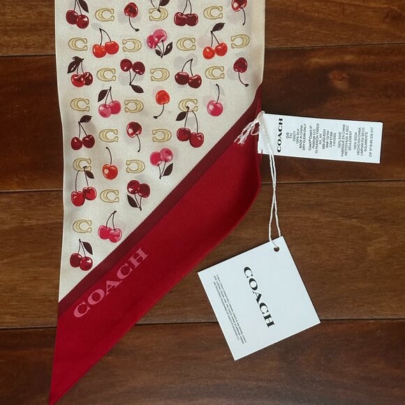 COACH SCULPTED C CHERRIES PRINT SILK WIDE SKINNY SCARF:NWT CDG77 - Picture 7 of 9